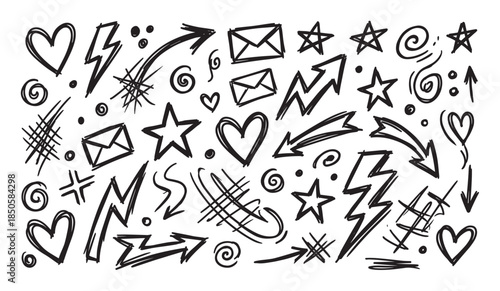 Hand drawn black doodle elements set with hearts, stars, arrows, lightning bolts, and scribbles in a sketchy, chaotic, and energetic style for graphic design and creative projects