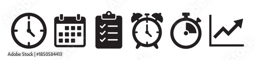 Set of black productivity and time management icons featuring a clock, calendar, checklist, alarm, stopwatch, and growth graph for business planning and scheduling concepts