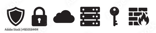 Set of black cybersecurity icons representing data protection, including a shield, padlock, cloud, server, key, and firewall, arranged in a simple, flat graphic style