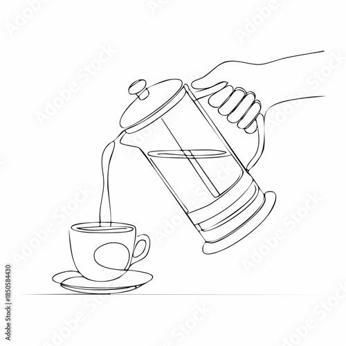 continuous line drawing of hand holding french press pouring coffee in cup