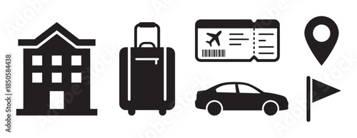 Set of black travel and transportation icons featuring a hotel, suitcase, airline ticket, car, and location pins representing tourism, vacation, and journey concepts