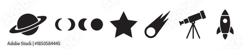 Set of black space and astronomy icons showing a ringed planet, moon phases, a star, a comet, a telescope on a tripod, and a rocket ship in a simple graphic style