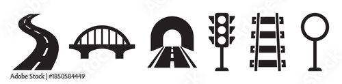 Collection of simple black vector icons representing travel and transport elements such as a highway, bridge, tunnel, traffic signal, railroad, and a blank road sign