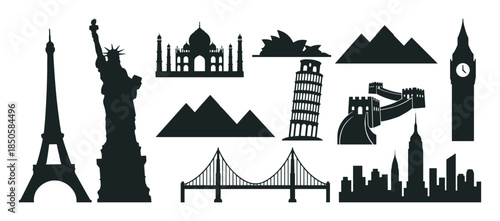 Collection of famous world landmark silhouettes representing global travel, tourism, and international destinations in a simple black graphic vector illustration set