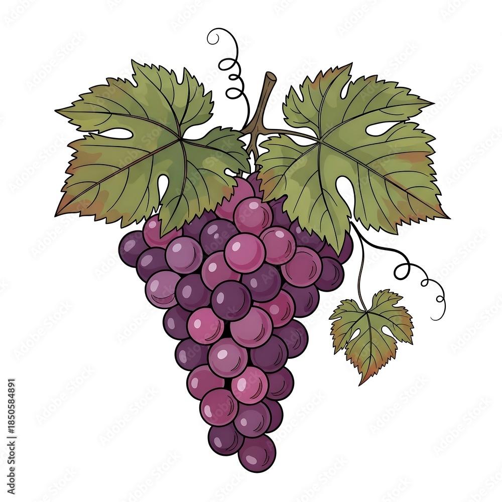 Obraz premium Vibrant illustration of a ripe bunch of red grapes with green leaves on a white background