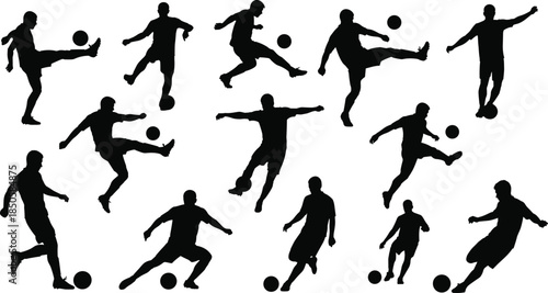 Soccer player silhouettes vector collection, black football athletes kicking ball, sport action poses, men team game competition, active championship illustration isolated on white.