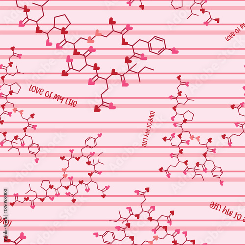 Seamless Pattern Romantic Chemical Molecules with Hearts. Oxytocin Love Formula on Pink Striped Background for Valentines Day