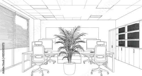Modern open-plan office interior featuring desks with computers, ergonomic chairs, and a large potted plant in architectural line art