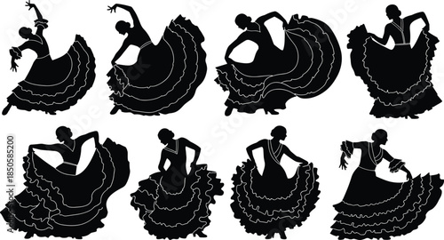 Spanish flamenco dancer silhouettes set, vector illustration collection of women dancing in traditional ruffled dresses, beautiful female figures isolated on white background.