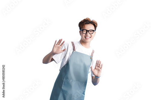 The Friendly Artisan: A cheerful artisan, wearing a practical apron and stylish glasses, radiates warmth and openness, welcoming others with a joyful smile and outstretched hands. 