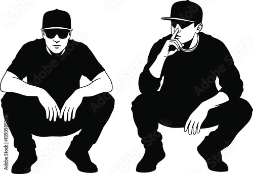 Squatting Men Silhouettes Set, Featuring Guys in Streetwear, Sunglasses, and Baseball Caps, Representing Urban Style, Attitude, and Hip Hop Culture