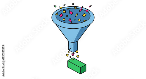 data filtering funnel icon converting colorful shapes into single block flat illustration for marketing analytics and sales conversion