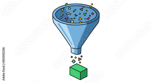 data funnel illustration showing analytics filtering colorful information into a single result conceptual graphic for marketing dashboards