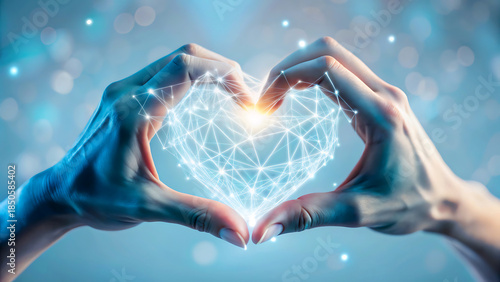 Hands forming a heart shape with glowing digital heart in futuristic blue lighting for health and technology