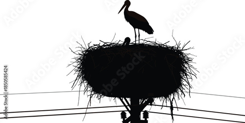 Stork silhouette sitting on a large nest built upon an electric power pole, bird and offspring on a utility structure, nature versus modern technology concept, isolated vector graphic.