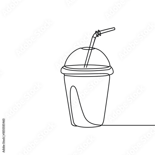 Continuous line drawing of a disposable cup with straw