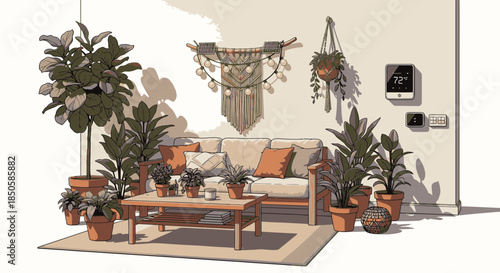 Boho-Chic Living Room Interior with Sofa, Coffee Table, Macrame Wall Hanging, and Lush Potted Plants