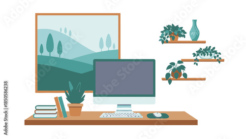 Modern Home Office Desk Setup with Desktop Computer, Books, Potted Plants, and Landscape Art