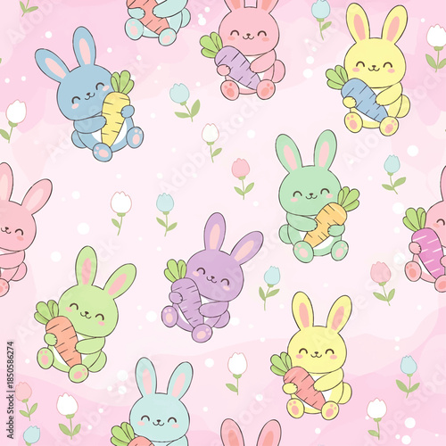 Colorful Easter Bunny Pattern with Carrots and Flowers.