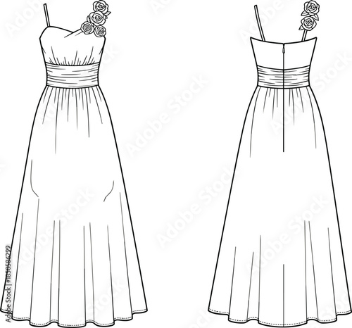 Elegant dress technical sketch, fashion cad drawing, sweetheart neckline gown, rose strap detail, pleated waist, zipper back view