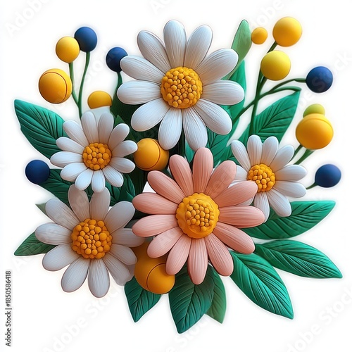 Cheerful bouquet of white and pink daisies with yellow centers, round yellow and dark blue berries and lush green leaves on a white background