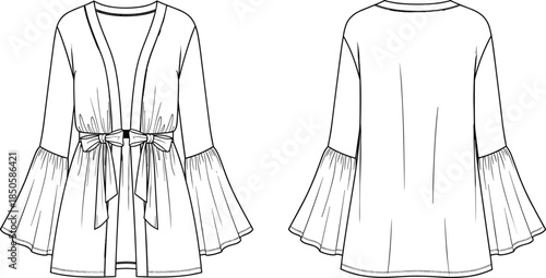Blouse technical sketch, front back view, fashion cad drawing, bell sleeves, tie waist detail, flat vector illustration, garment design