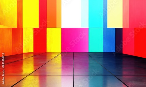 Empty modern room with large multicolored vertical panels and glossy reflective tiled floor, vibrant geometric color blocks creating a playful energetic gallery atmosphere