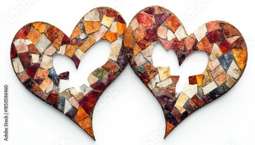 two linked mosaic hearts of warm-toned ceramic and stone tiles with cutout centers on a white background, handcrafted rustic decorative art evoking warmth and romantic connection