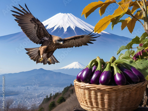 Fuji, a hawk, and an eggplant