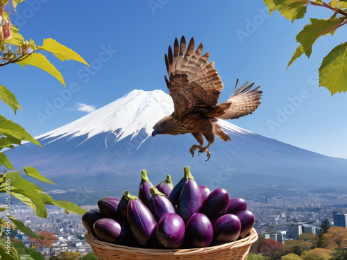 Fuji, a hawk, and an eggplant