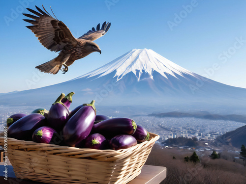 Fuji, a hawk, and an eggplant