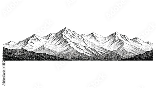 Detailed black and white hand-drawn illustration of a mountain range

