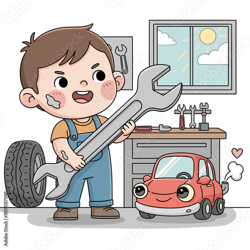 Happy cartoon mechanic boy holding giant wrench in garage