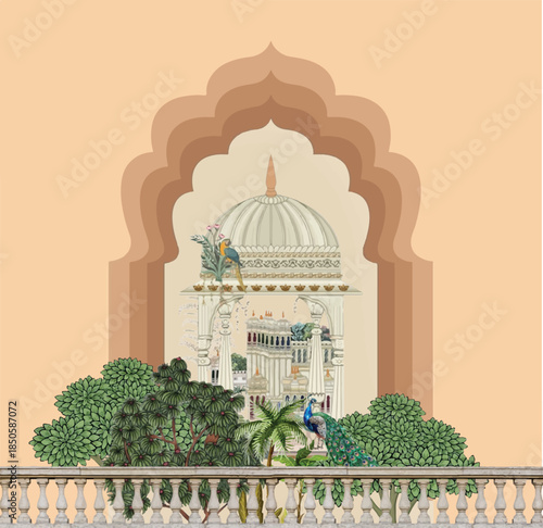 Traditional wedding invitation card design, Traditional Mughal Wedding card Invitation, Mughal Arch, Peacock, Tropical Tree.