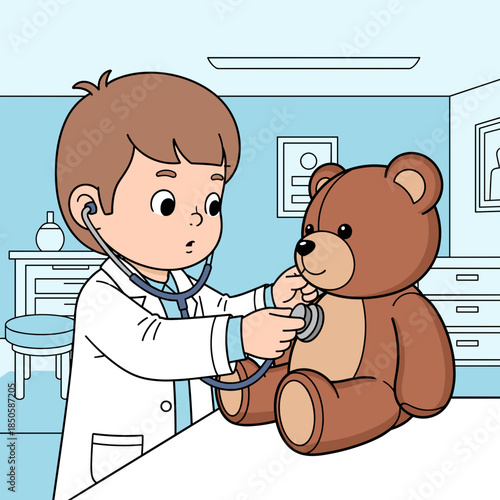 Young doctor examining teddy bear in pediatric clinic setting