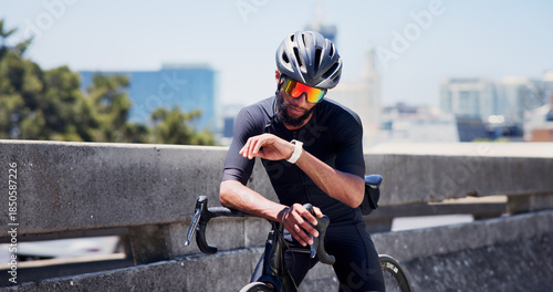 Cuadro en lienzo Smart watch, bike and cyclist with man in city for tracking performance, workout stats and health app