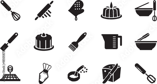 Black icons for baking and cooking tools and desserts
