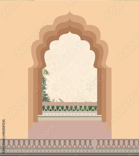 Traditional wedding invitation card design, Traditional Mughal Wedding card Invitation, Mughal Arch, Peacock, Tropical Tree.