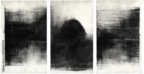 Triptych of three vertical charcoal panels with heavy smudged textures and a central shadowy head silhouette evoking haunting melancholic isolation