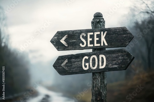 Wallpaper Mural Weathered wooden signpost with two left pointing arrows reading seek god beside a foggy winding country road, bare trees and a moody contemplative atmosphere Torontodigital.ca