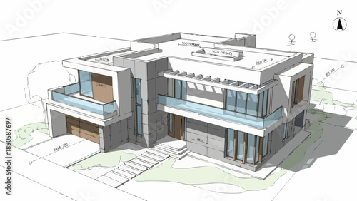 Modern Luxury Two Story House Architectural Rendering.