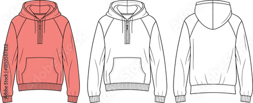 Half zip hoodie front and back view vector illustration, pullover sweatshirt mockup template isolated on white background fashion apparel design