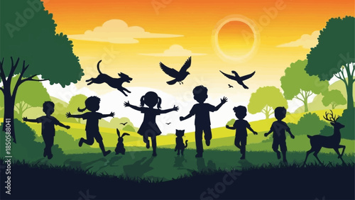Children and animals enjoying nature at sunset silhouette.