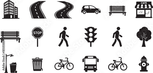Urban city street icons set for design and navigation