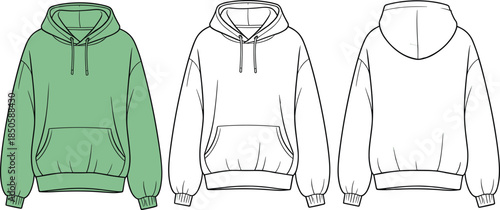 Hoodie sweatshirt vector illustration, front and back views, blank apparel mockup, casual oversized hoodie design for fashion branding