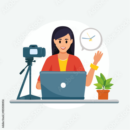 Smiling Woman Vlogging with Laptop and Camera Setup.