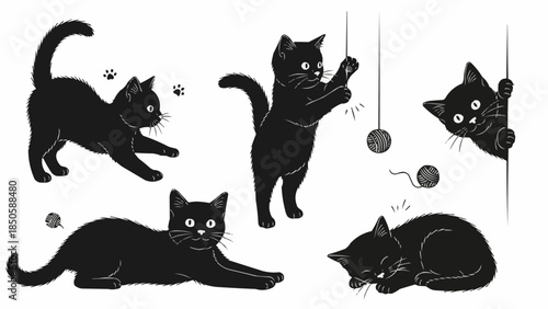 Collection of playful black cats in various poses and activities.