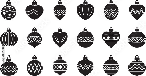 Black Christmas ornaments with white patterns on white background
