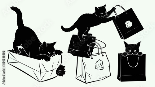 Playful Black Cats Interacting with Shopping Bags.