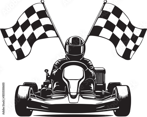 Black and white vector illustration of go-kart racer with helmet and checkered flags for motorsport theme